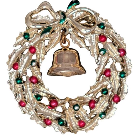 Gold Tone Christmas Wreath Brooch Red and Green Enamel Bell Holiday Pin Retro - Picture 1 of 6